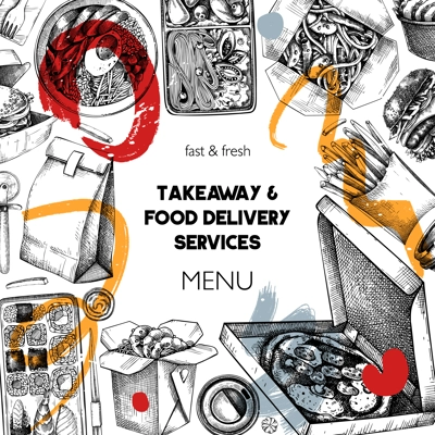 Collage style fast food frame. Hand-drawn vector illustration. Burger, pizza box, paper bag, coffee cup sketch. Takeaway food menu design. Restaurant delivery banner template. Trendy background